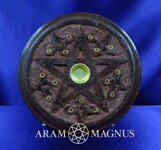 Stojánek na vonné tyčinky a kužely, dřevo s mosaznou intarzií, s pentagramem, 12,5 cm